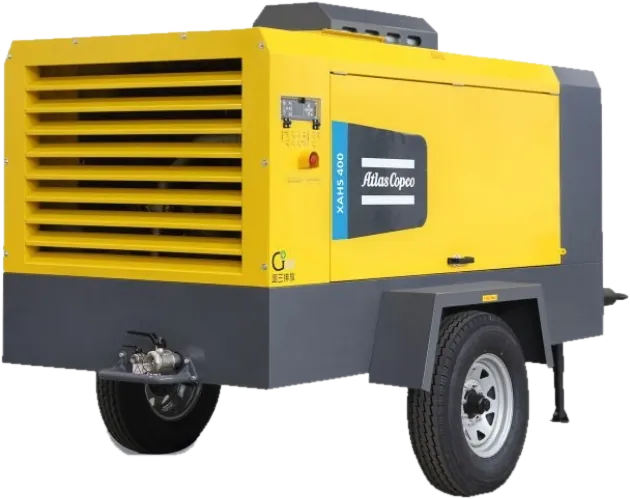 Compresor portátil Atlas Copco XAHS 400 amarillo y gris sobre tráiler de dos ruedas
